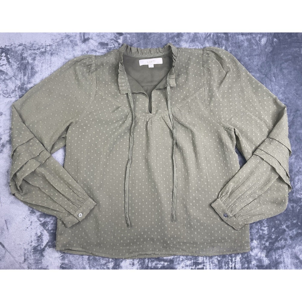 LOFT Size Small Green Blouse Long Sleeve Olive Green Semi Sheer Lined Blouse